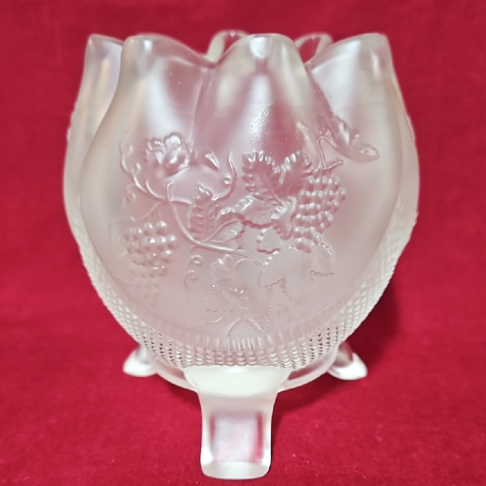 Fenton Satin Crystal Rose Bowl: Fine Cut Grape Design w/Three Toed Footed Base